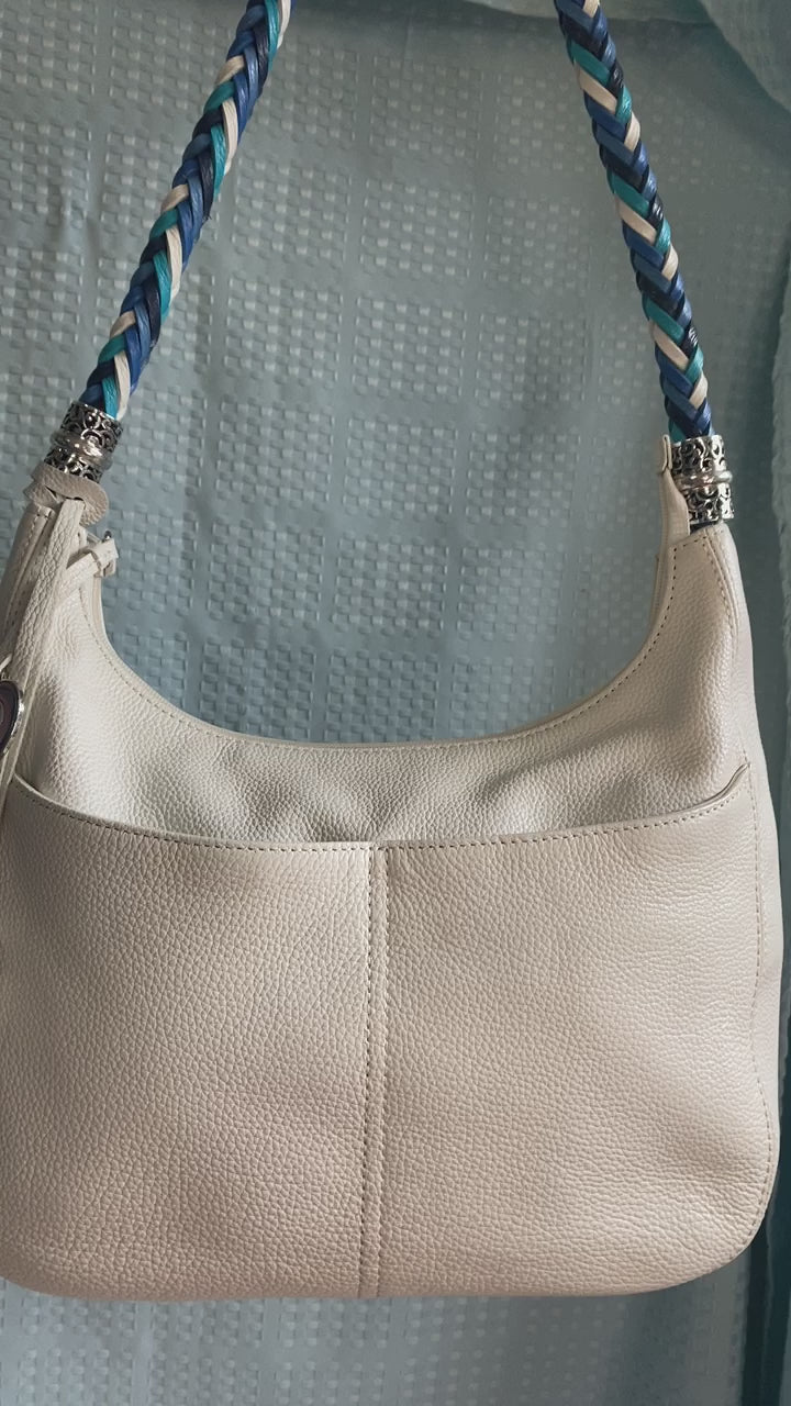 Brighton Barbados Ziptop Leather Hobo In White/Braided Strap In Turq/Blu/Wht/Blk