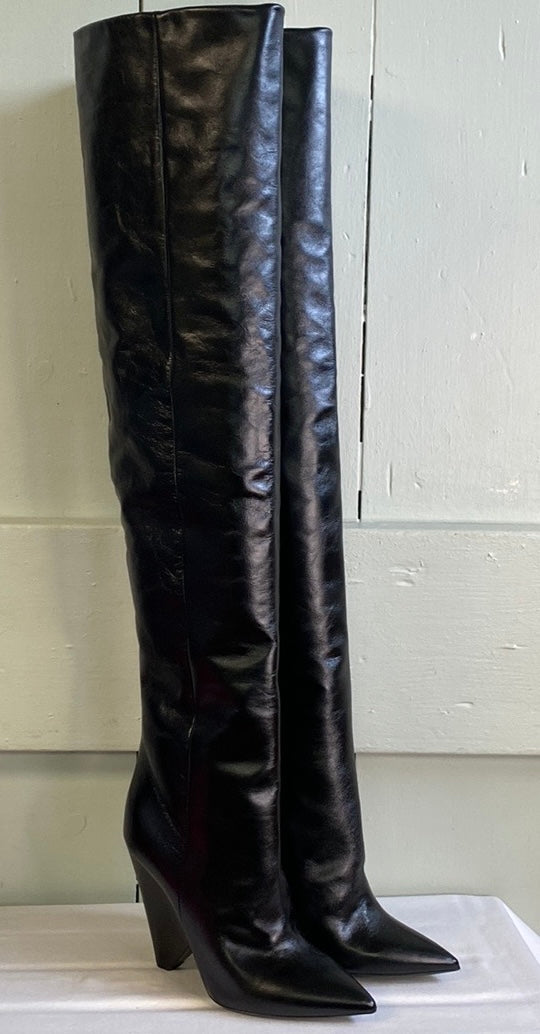 Saint Laurent Crinkled Leather Thigh High Over The Knee Boots In Black