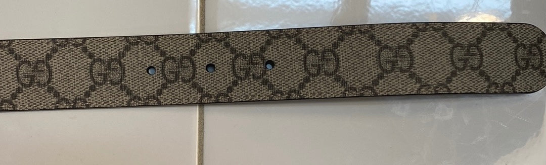 GUCCI GG SUPREME MONOGRAM CANVAS/LEATHER REVERSIBLE BELT IN BEIGE/BROWN