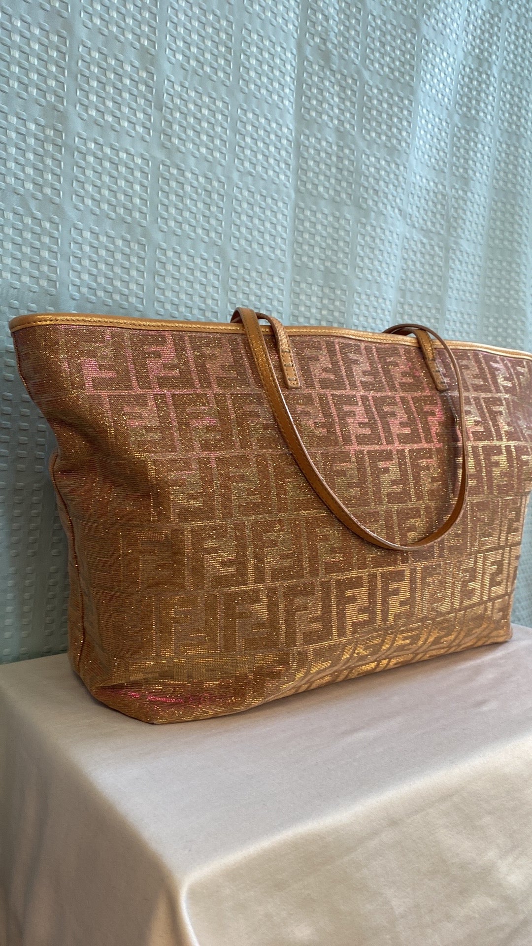 FENDI Metallic Lurex Zucca Roll Shopping Tote In Arancio