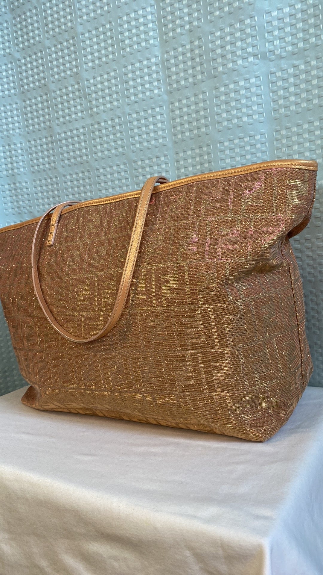 FENDI Metallic Lurex Zucca Roll Shopping Tote In Arancio