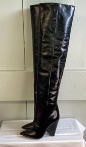 Saint Laurent Crinkled Leather Thigh High Over The Knee Boots In Black