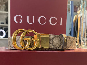 GUCCI GG SUPREME MONOGRAM CANVAS/LEATHER REVERSIBLE BELT IN BEIGE/BROWN