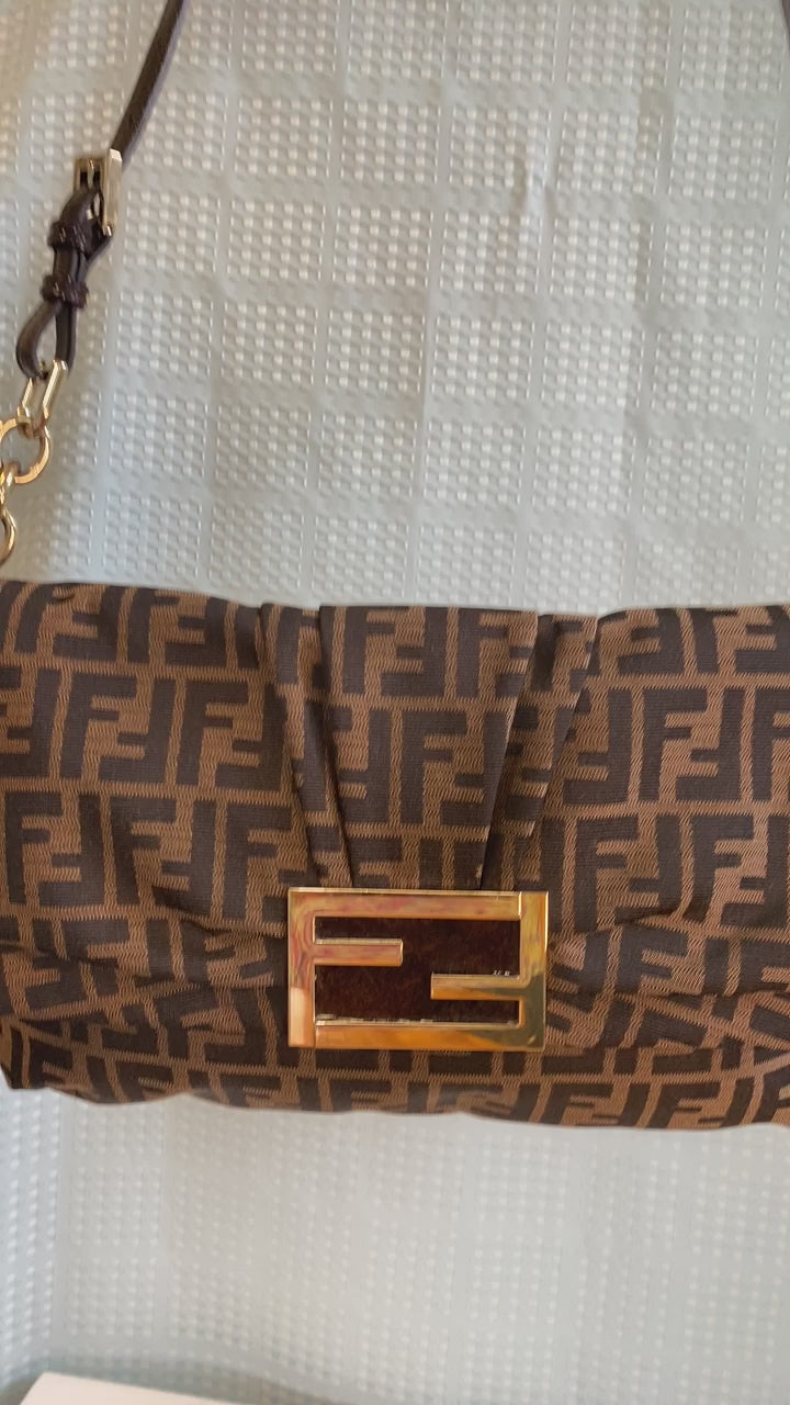 FENDI Zucca Patent Leather Large Mia Shoulder Flap In Tobacco